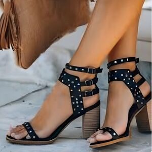 VICI 10 Celeste Black Metallic Studded Block Heel Strappy Multi Buckle Sandal